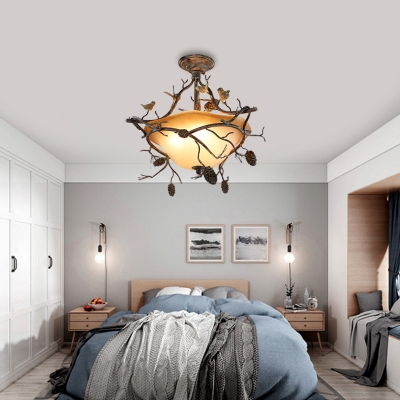 Country Inverted Semi Flush Lamp Frosted Glass 3 Lights Semi Flush Mount Light with Pinecone and Branch