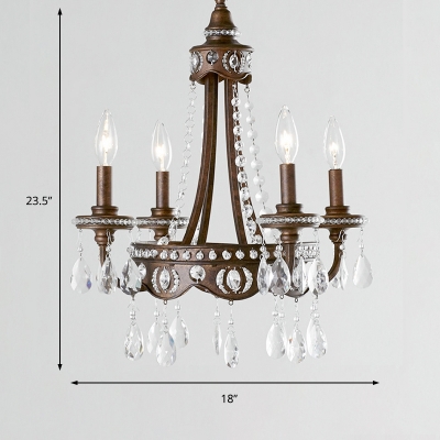 Country Style Candle Pendant Lighting with Clear Crystal Prism 4 Lights Iron Chandelier Lighting in Rust