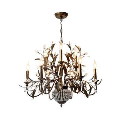 Country Style Exposed Bulb Chandelier Metal and Crystal 9 Lights Living Room Pendant Light in Black