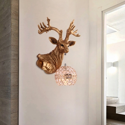 Elk Flush Mount Wall Sconce with Clear Crystal Dome Lampshade Lodge 1 Light Wall Lamp in Antique Brass