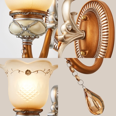 European Style Blossom Wall Lamp with Teardrop Crystal Frosted Glass 1/2 Lights Sconce Light for Restaurant
