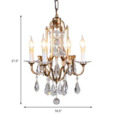 French Country Candle Chandelier Light with Clear Crystal Prisms 4 Lights Aged Brass Pendant Light for Entryway