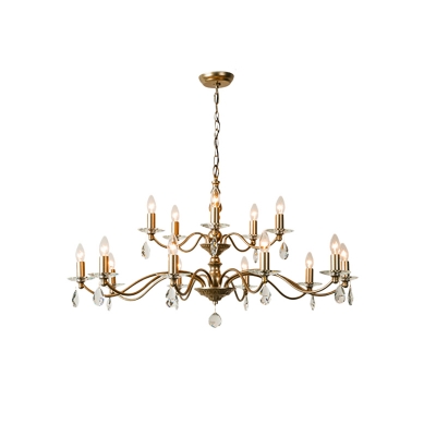 French Country Candle Chandelier with Crystal Drop 9/12/15 Lights Metal Pendant Light for Dining Table