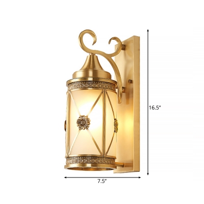 Frosted Glass Cylinder Wall Lighting Vintage Style Single Light Sconce Lamp in Gold