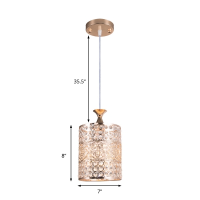 Gold Cylinder Ceiling Pendant Light Metal and Clear Crystal 1 Light 6