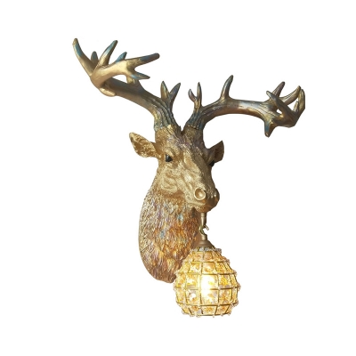 Gold Deer Wall Mounted Light with Gourd Crystal Shade 1 Light Resin Loft Sconce Light