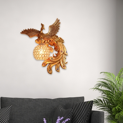 Golden Phoenix Sconce Lighting with Gem to Right/Left Modern Style 1 Light Wall Lamp with Dome Crystal Lampshade for Living Room