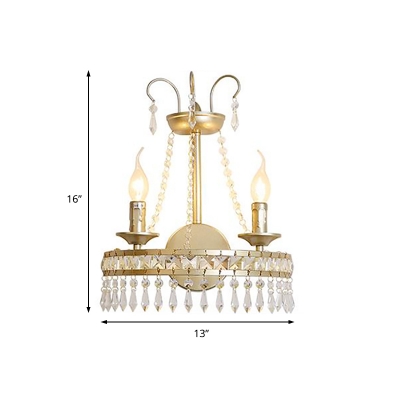 Metallic Candle Wall Light with Crystal Decor Villa Dining Room 2 Lights Luxurious Wall Lamp in Gold