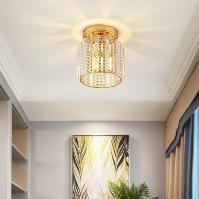 Mini Cylinder Flush Lamp with Clear Faceted Crystal Shade Modern 1 Light Flush Mount Light in Gold