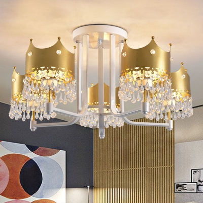 Modern Crown Semi Flush Chandelier Metal and Crystal 5 Light Ceiling Light Fixture for Bedroom