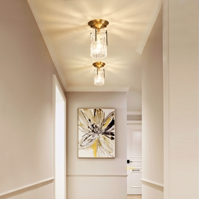 Modern Cylinder Glass Semi Flush Mount Light Fixture 1-Light Foyer Ceiling Fixture in Brass