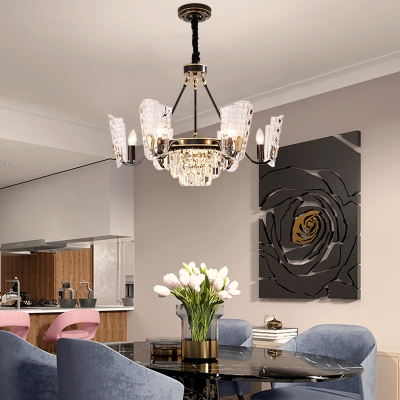 Modern Round Chandelier Lamp 4/6/8 Heads Clear Crystal and Glass Ceiling Hanging Light in Matte Black Finish