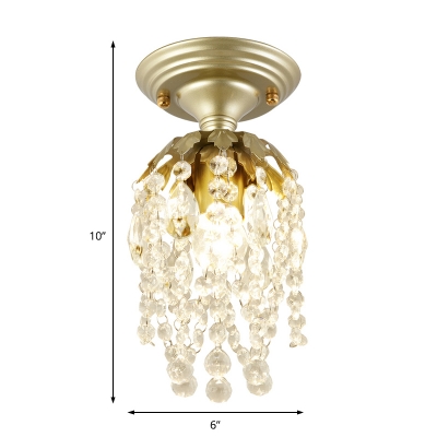 Modern Style Mini Ceiling Light 1 Light Metal Brass Flush Ceiling Lamp with Crystal Bead for Corridor