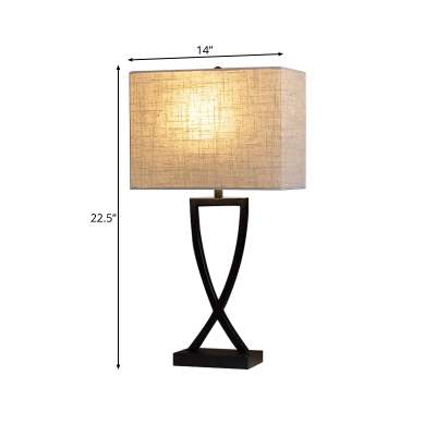 Traditional Rectangular/Round Table Lamp Beige Fabric Shade 1 Light Living Room Lighting Fixture in Black