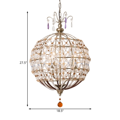 Traditional Spherical Hanging Lamp 4 Lights Crystal Chandelier in Bronze for Foyer