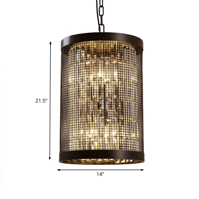 Wire Mesh Cylinder Pendant Lamp with Clear Crystal Block 3 Lights Industrial Black Suspension Light