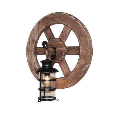 Wood Wheel Lantern Wall Light Fixture Rustic Style 1 Head Metal Wall Sconce Lamp in Black