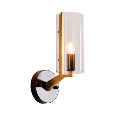 1 Light Cylindrical Sconce Light Fixture with Clear Glass Lampshade Colonial Wall Lighting in Gold