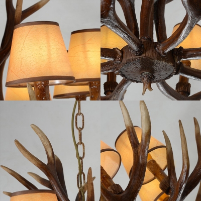 2-Tier Cone Chandelier Lamp with Antlers Decoration Village Fabric 12 Lights Living Room Hanging Light in Brown
