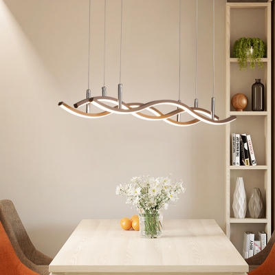 3 Lights Linear Chandelier Light with Wave Design Modernism Metal Ceiling Pendant in Brown