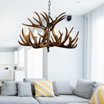 4/6/9 Heads Antlers Chandelier Lamp Height Adjustable Vintage Resin Hanging Light in Brown
