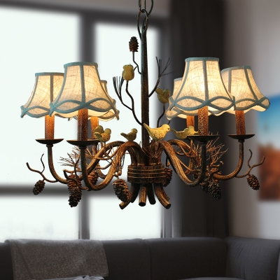 6 Lights Scalloped Chandelier with White Fabric Shade and Pinecone Rustic Pendant Lighting in Brown