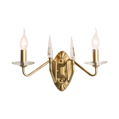 Bare Bulb Flush Wall Sconce with Clear Crystal Decoration Vintage 2 Lights Wall Light Fixture in Gold