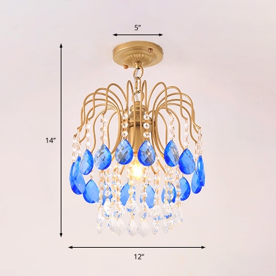 Blue Crystal Hanging Pendant Light 1 Bulb Modernism Suspension Light in Gold for Corridor