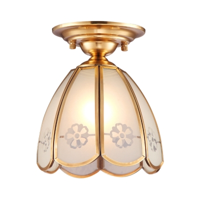 Brass Conical Flush Mount Lighting 1 Light Vintage Flush Ceiling Lamp with White Glass Shade
