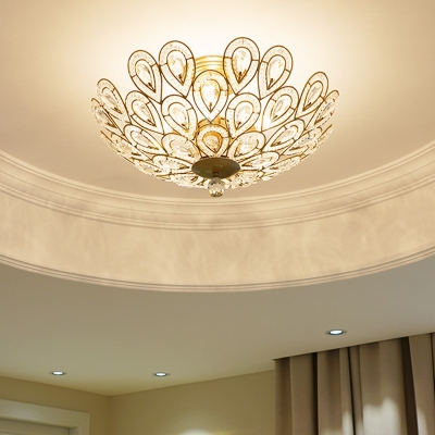 Brass Peacock Tail Flush Ceiling Light Dome Elegant Style Metal Ceiling Lamp for Living Room