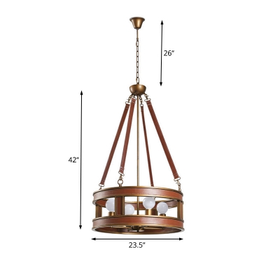 Brown Drum Chandelier Lamp Country Style Height Adjustable Metal 4 Lights Indoor Hanging Ceiling Light