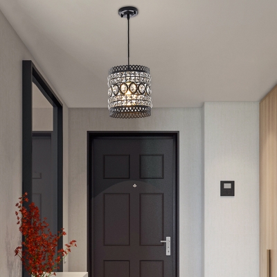 Clear Crystal Cylinder Suspension Light Industrial Style Length Adjustable Black Foyer Pendant Light