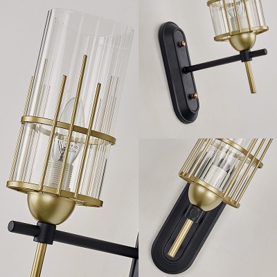 Colonial Cylinder Sconce Light with Clear Glass Shade 1 Head Bedroom Wall Light Fixture in Black