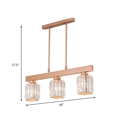 Copper Linear Pendant Modern 3 Heads Crystal Cylinder Hanging Lamp for Kitchen Dining