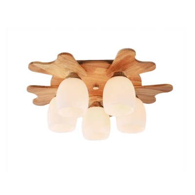 Elongated Dome Ceiling Light Fixture with Milk Glass Lampshade Modern 1/3/4/5/7-Light Ceiling Flush Mount in Wood