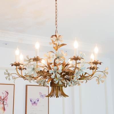 Exposed Bulb Hanging Light with Flower Rustic Metal 8 Lights Ceiling Chandelier in Brass