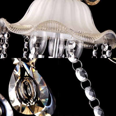 Frosted Glass Scalloped Hanging Light Modern 3 Lights Ceiling Chandelier with Clear Crystal Bead
