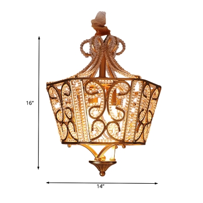 Gold Lantern Hanging Pendant Lamp 2 Lights Metal and Crystal Suspension Light for Bedroom
