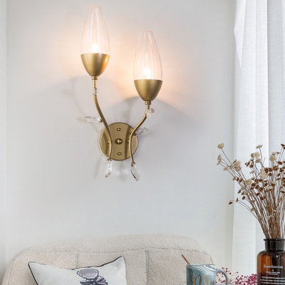 1/2 Lights Flower Wall Lighting with Crystal Bead Modern Metallic Sconce Light in Gold for Bedroom