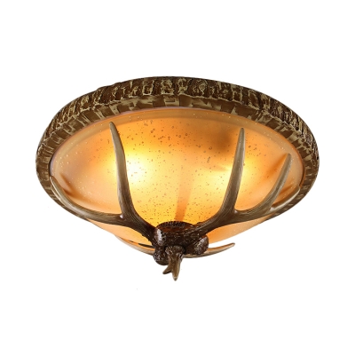 Lodge Style Dome Flush Lighting 3 Bulbs Seedy Glass Close to Ceiling Light in Brown with Resin Antler