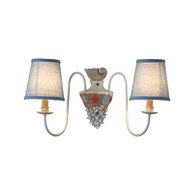 Loft Style Cone Wall Light Fixture 2 Light Distressed White Sconce Lighting with Blue Fabric Shade