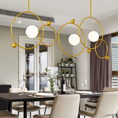 Multi Ring Hanging Pendant Light with Globe Frosted Glass Shade 3 Lights Dining Room Chandelier in Gold