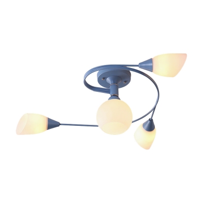 Nordic Curved Arm Semi Flush Ceiling Light with Opal Glass Shade 4/6 Heads Semi Flush Lamp in Blue/Green/Grey/Pink/Yellow