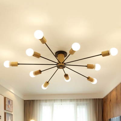Radial Semi Flush Lighting Mid Century Modern 6/8/10 Light Metal Black/White Ceiling Light in Wood