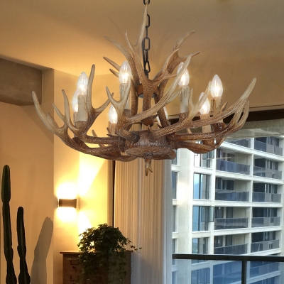Restaurant Bare Bulb Suspension Light with Antlers Decoration Resin 4/6/8/10/15 Heads Ceiling Chandelier in Brown
