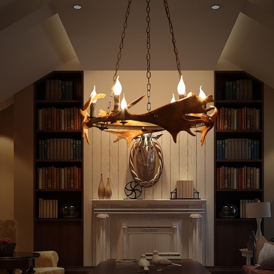 Retro Ring Pendant Lighting with Antlers Brown Resin 8 Heads Chandelier Light Fixture for Foyer