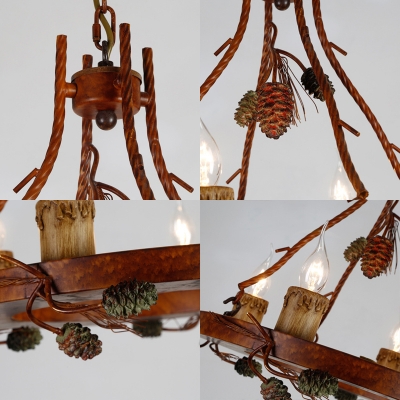 Rustic Round Chandelier with Pinecone 4 Light Wood Hanging Ceiling Light for Living Room