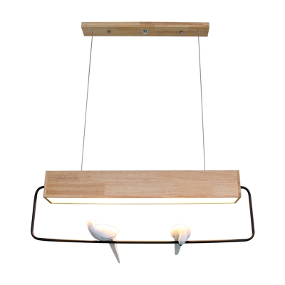 Wooden Rectangular Island Lamp Nordic Style LED Ceiling Hanging Light with Bird in Warm/White