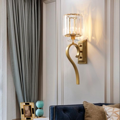 1 Light Cylinder Wall Light Contemporary Metal and Clear Crystal Sconce Light in Gold for Bathroom