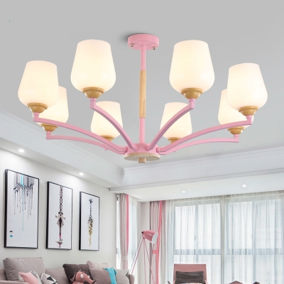 3/5/6/8-Head Cup Pendant Chandelier Modern White Glass Hanging Pendant Light in Grey/Green/Pink/White